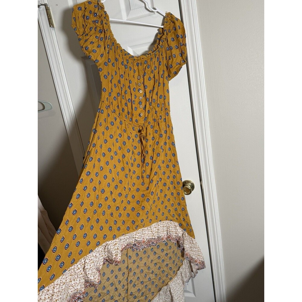 New Look Floral Puff Sleeve Midi Dress Blue Yellow White V-Neck Tie Waist XL